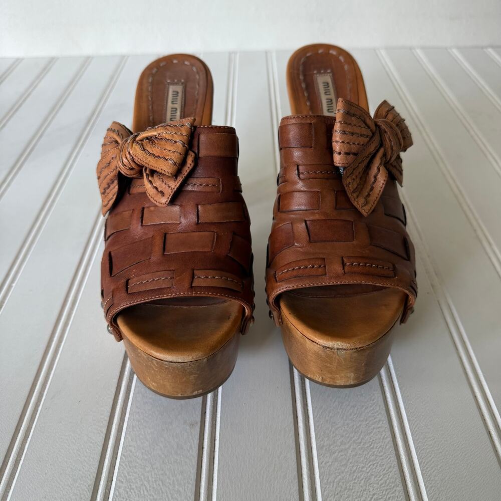 Miu Miu brown woven leather mules prominent bow size 8 - Picture 2 of 16